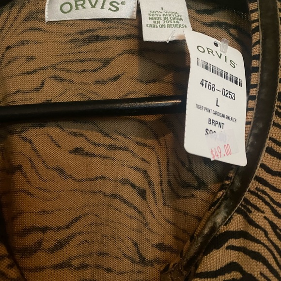 Orvis Size L Sweater Cardigan Wool Blend Velvet Trim Brown Animal Print - Picture 3 of 4